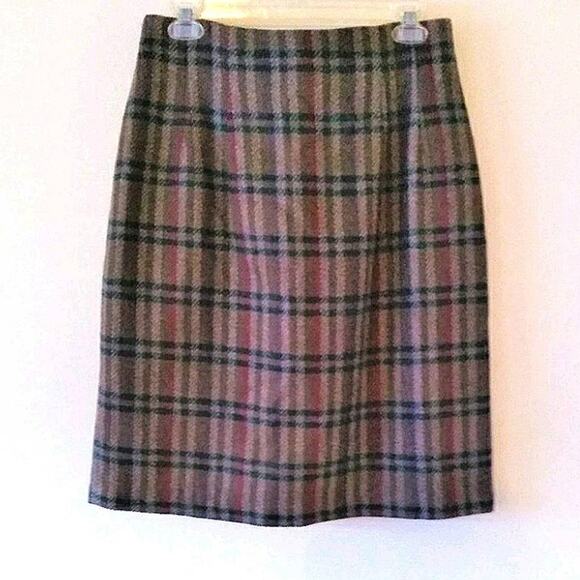 Adolfo Brown Multi Plaid Wool Straight Knee Length Skirt - Size 12 - Picture 3 of 10